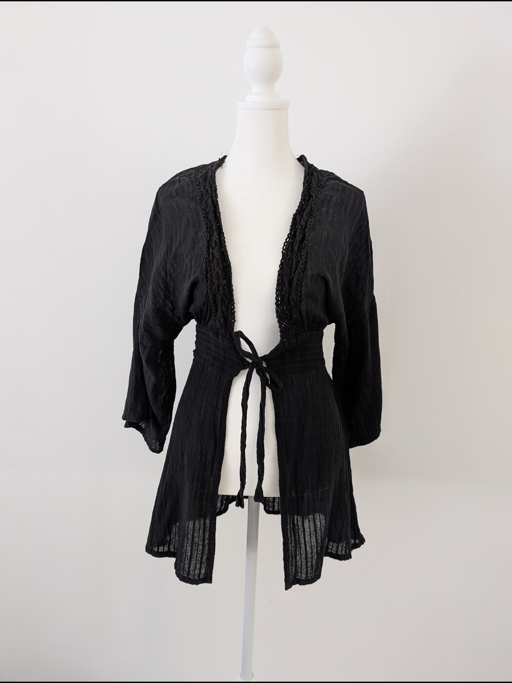 Elan Kimono Women L Black Tie Front Crochet Trim Swim Cardigan Open Front Boho - Picture 1 of 8